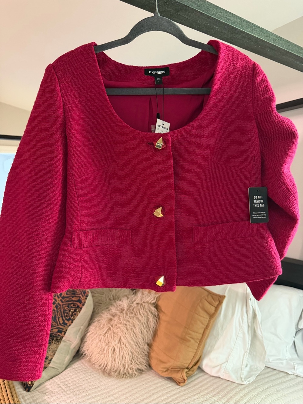 Express Women's Fuchsia Cropped Textured Jacket with Gold Pyramid Buttons